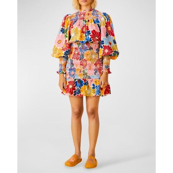 NWT Farm Rio Sunny Daisies Sand Mini Dress Floral Smocked Neck Long Sleeve M - Picture 1 of 10